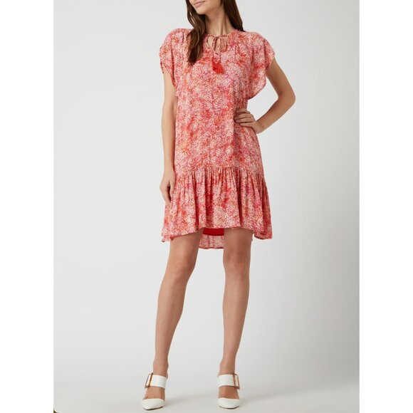 Suncoo Paris Carmen Rose Mini Dress Apricot Pink Ruffle Hem Tied Neck Medium - Picture 1 of 13